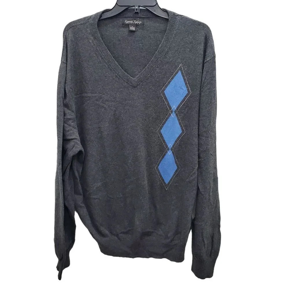 Kenneth‎ Roberts Men's Charcoal Cashmere Blend Preppy Argyle V-Neck Sweater Sz M